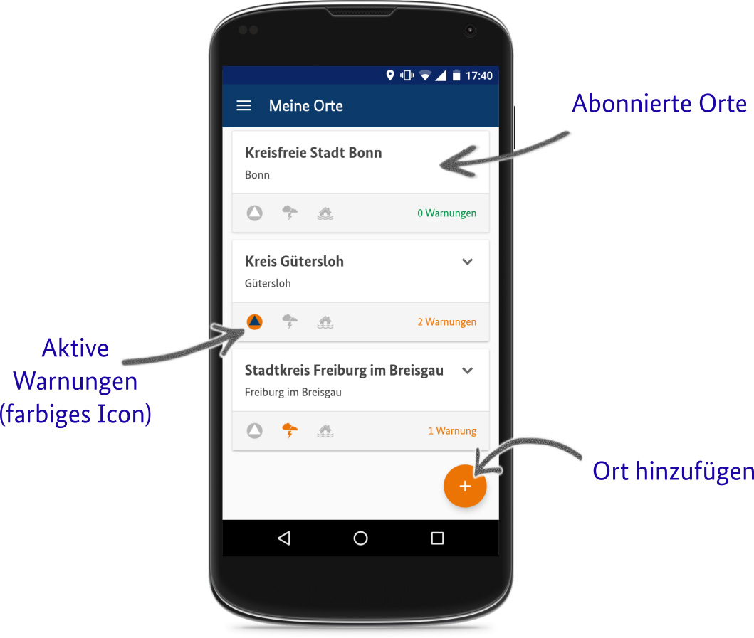 Smartphone mit geöffneter NINA-App